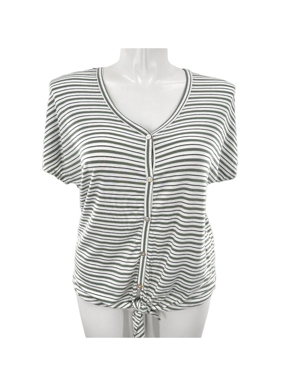 CUPIO GREEN & WHITE STRIPE SHORT SLEEVE TIE FRONT BUTTON DOWN TOP - L